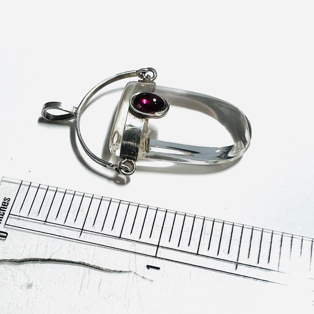 Crystal Quartz Pendant, Sterling Silver & Garnet Cabochon, Talisman, Boho - Picture 6 of 9